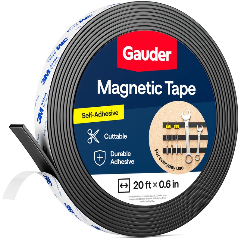 GAUDER Strong Magnetic Tape Self Adhesive (20 Feet Long x 0.6 Inch Wide) | Magnetic Strips with Adhesive Backing | Magnet Roll - Image 1
